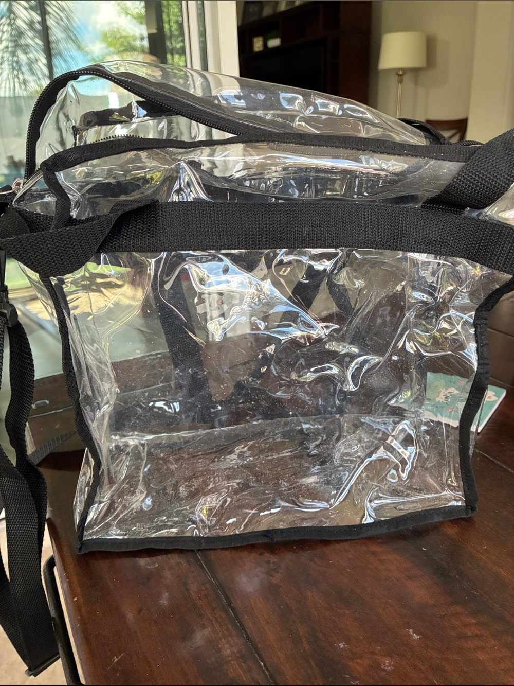Clear PVC Crossbody Bag with Black Trim for game day and concerts
